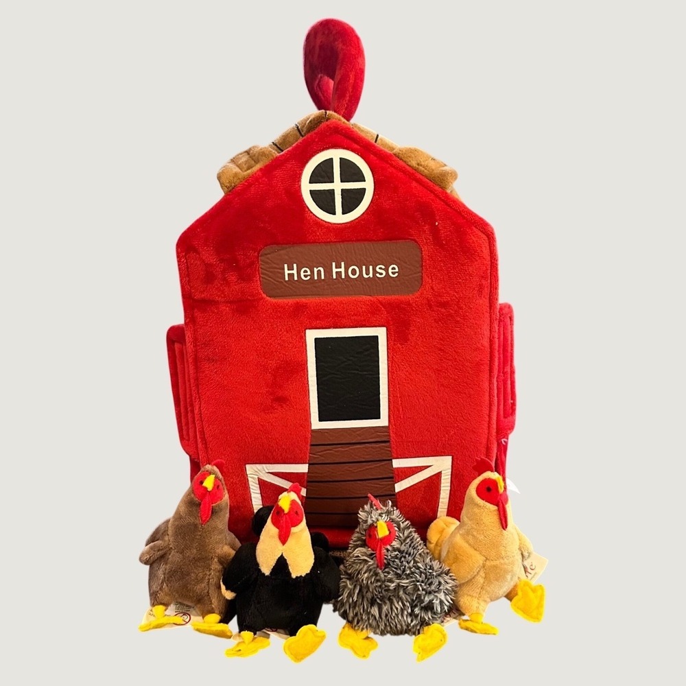 Adorable Plush Hen House Barn Playset 4 Stuffed Chickens Rooster Red Farm Toy